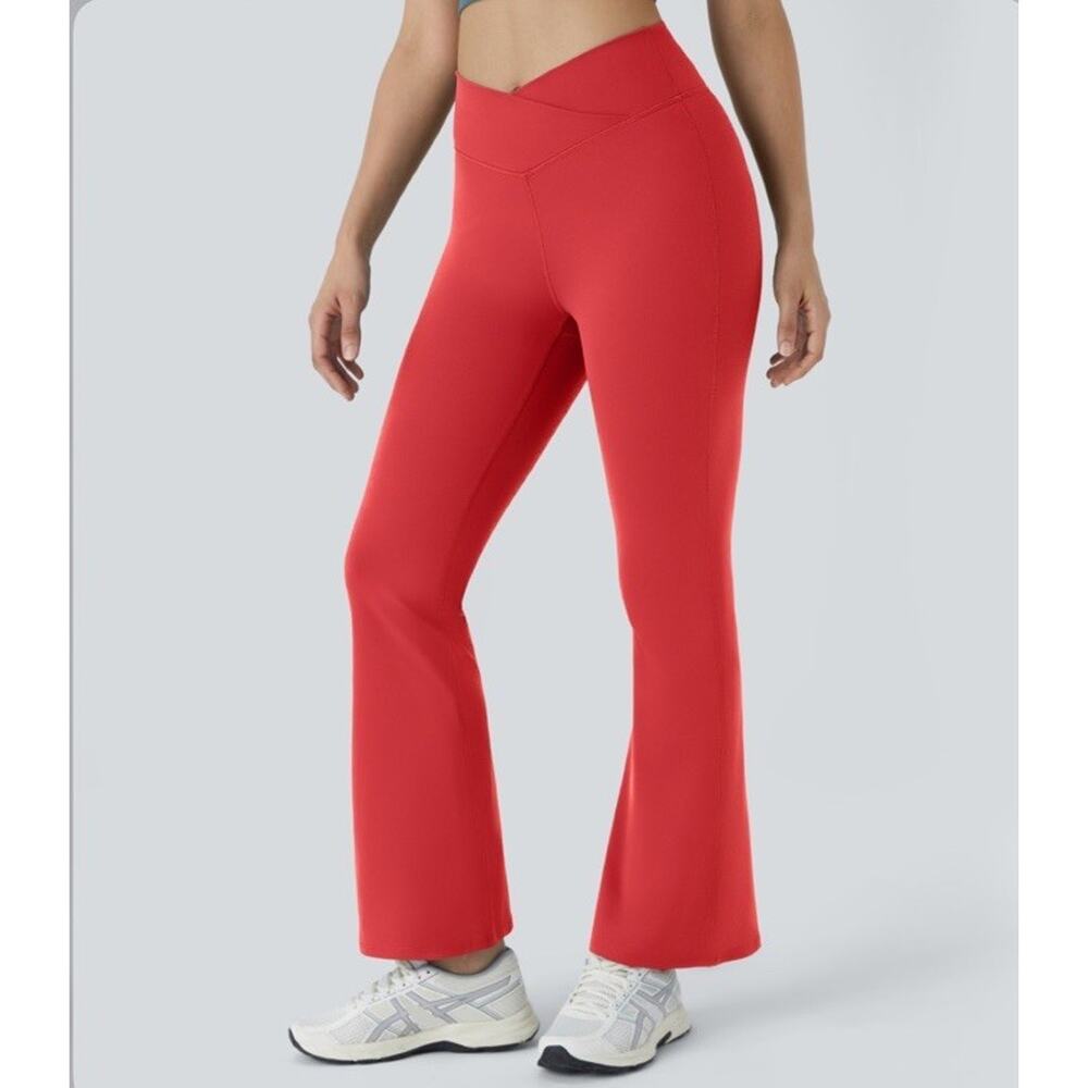 Halara High Waisted Crossover Flare Yoga Leggings Valiant Poppy Red Sz S Petite